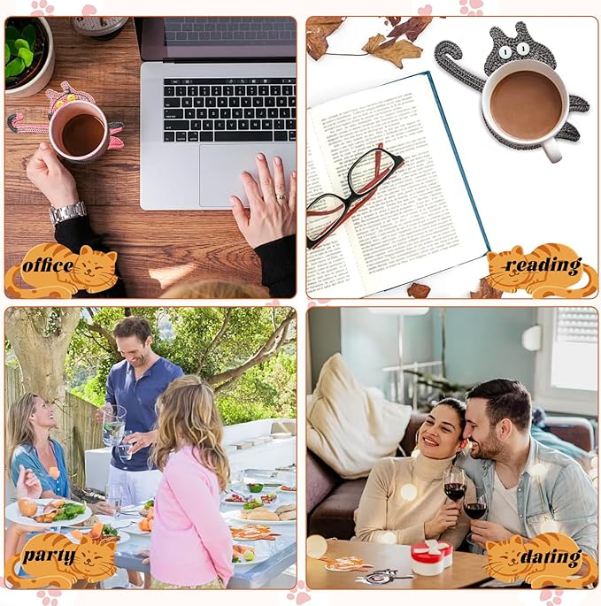 8Pcs Drink Coasters Cute Cat Design Coaster Funny Crochet Mug Coaster, Absorbent Hand Woven Drink Mat for Decoration, Lovers Gifts for Women Drink Cup Non-Slip Heat-Resistant (8Pcs)