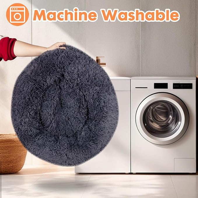 ShellKingdom Cat Beds for Indoor Cats, 24 inch Large Dog Bed for Small Medium Large Dogs, Cute Round Fluffy Plush Pet Bed for Puppy Kitten, Self Warming Calming Soft Donut Cat Bed, Grey