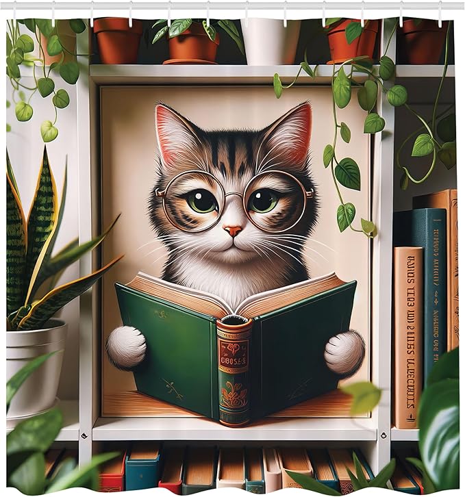 Ambesonne Cat Shower Curtain, Bookworm Kitty Reading Between Shelves Weeping Plants Botanical Cozy Concept, Cloth Fabric Bathroom Decor Set with Hooks, 69" W x 84" L, Green Paprika Beige