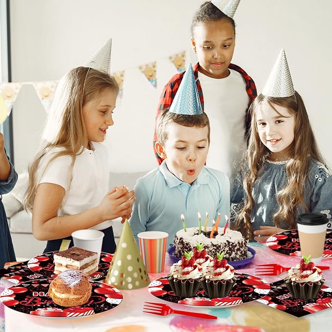 48Pcs Red and Black Happy Birthday Party Decorations for Men Women, Red and Black Balloons Pattern Birthday Decorations for Baby Shower Forks Plates and Napkins Set Party Supplies