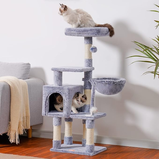 Heybly Cat Tree with Toy, Cat Tower condo for Indoor Cats, Cat House with Padded Plush Perch, Cozy Hammock and Sisal Scratching Posts, Pewter HCT004SPE