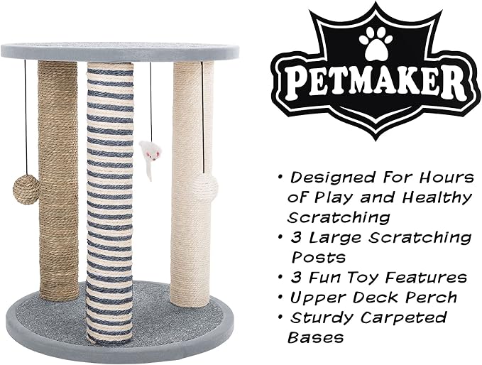 Cat Scratching Post - 3 Scratcher Posts with Carpeted Scratch Pad Base and Perch - Furniture Scratching Deterrent for Indoor Cats by PETMAKER (Gray)