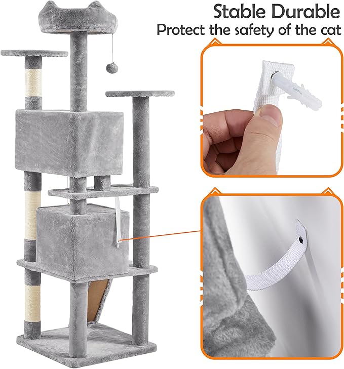 Yaheetech 62in Cat Tree Cat Tower for Indoor Cats, Cat Furniture w/Double Cat Condo, Scratching Posts, Multiple Platforms and Balls for Kittens & Cats, Light Gray