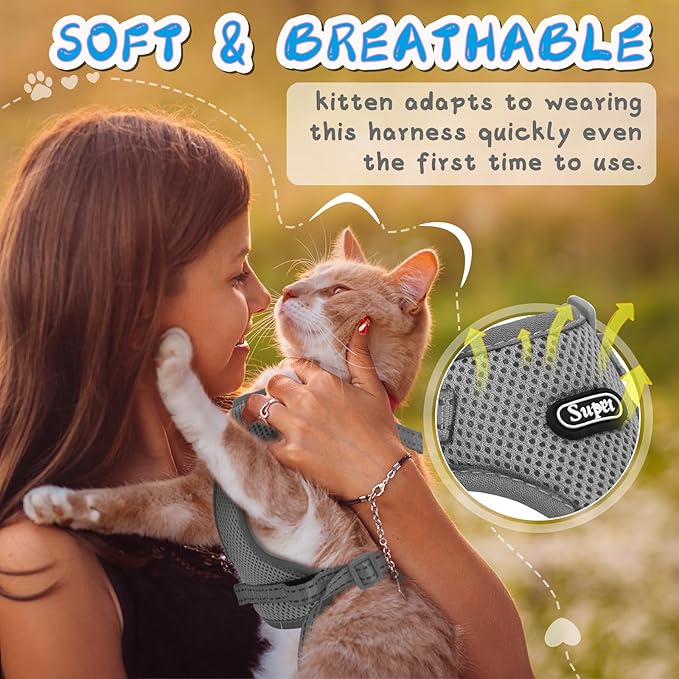 Supet Cat Harness and Leash Set for Small to Large Cats Adjustable Cat Vest Harness with Reflective Trim Universal Cat Leash and Harness for Cats/Puppies