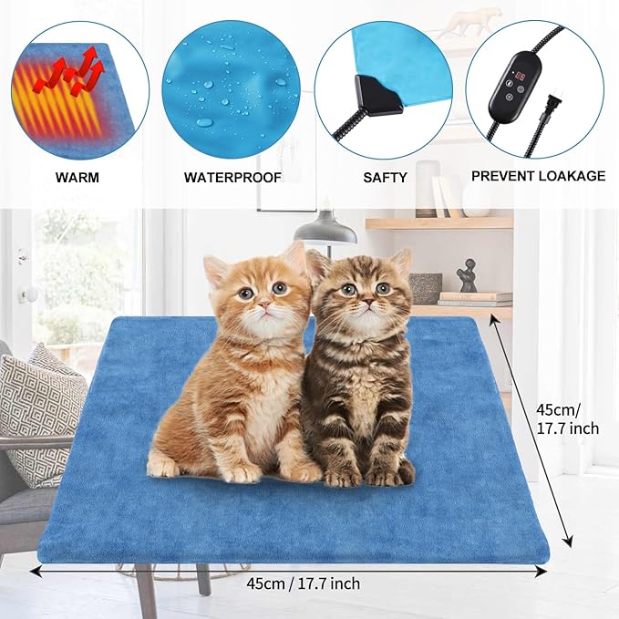 Pet Heating Pad for Cats, Indoor Outdoor Waterproof Electric Heated Pad Mat for Dogs with Chew Resistant Cord,5 Timer and 6 Level Temperature Pet Bed Warmer-17.7x17.7