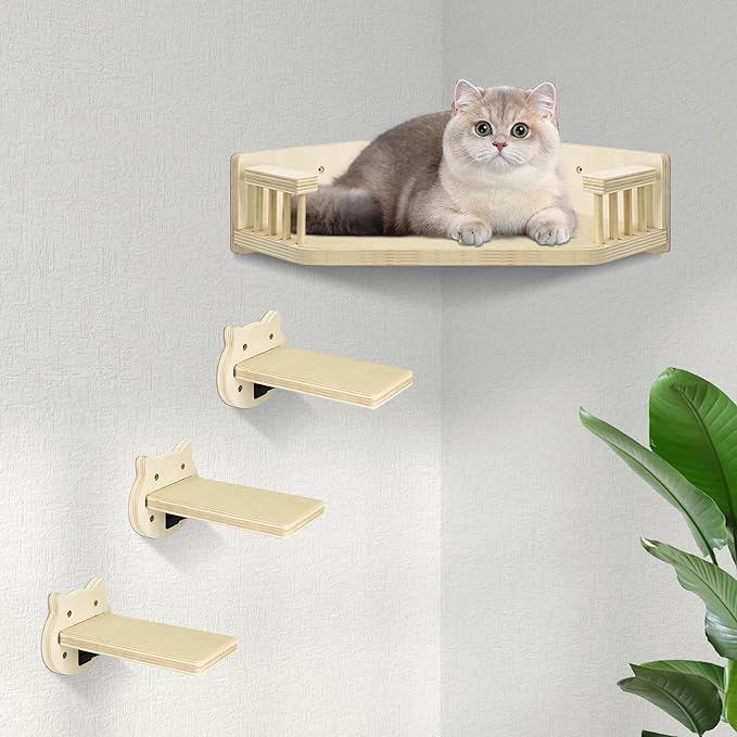 Cat Wall Shelves, Corner Cat Shelves and Perches for Wall, Cat Wall Furniture Cat Shelf with 3 Steps, Wall Mounted Cat Hammock Cat Bed with Plush Covered, Wood Cat Climbing Shelf for Indoor