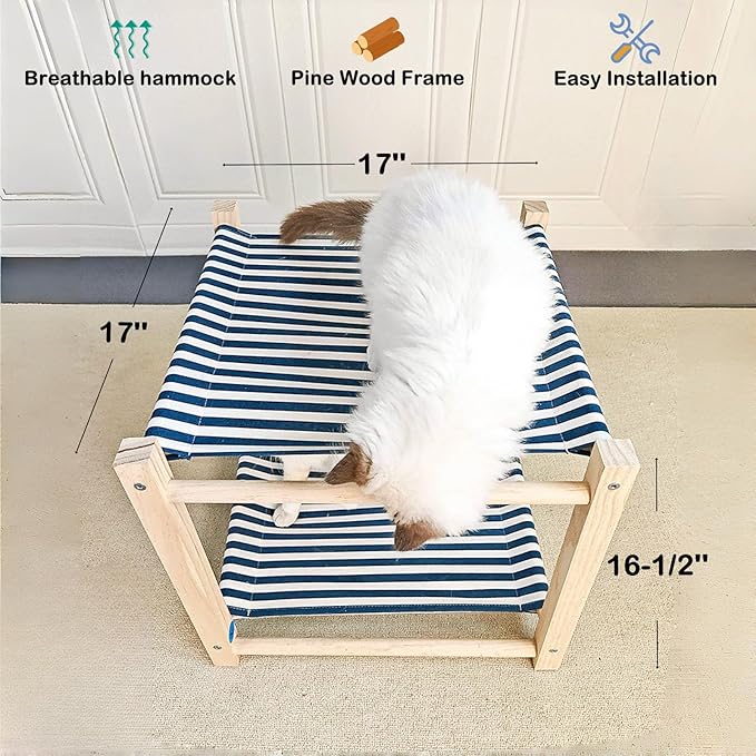 2 Layer Cat Hammock Bed for Indoor Cats, 17.0''×17.0'' Big Size Cat Hammock, Pine Wood Elevated Cat Bed, Good for All Seasons(Blue)
