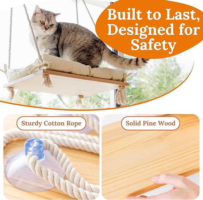 Cat Window Perch - Cat Hammock for Window - Solid Wood Seat & Strong Suction Cups - Cat Window Bed & Furniture for Cats Inside - Hanging Window Shelf for Small Medium Indoor Cats