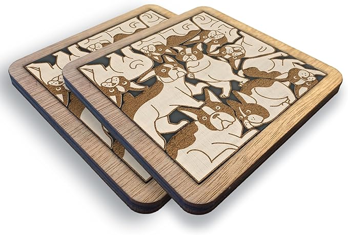 02 Boston Terrier Dog Coaster - Boston Terrier Dog Puzzle Wooden Coaster Set - Interlocking Jigsaw Drink Mats with Laser-Cut Design for Boston Terrier Lovers