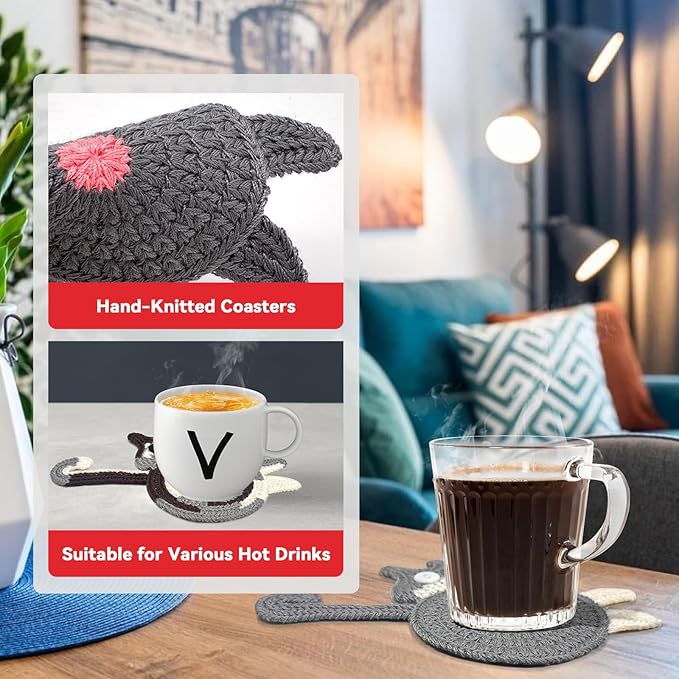 4 Pcs Coasters for Drinks, Boho Style Coaster, Cotton Woven Creative Cute Cat Coaster, Funny Coasters for Bar, Table Protection Suitable, Housewarming Gifts New Home
