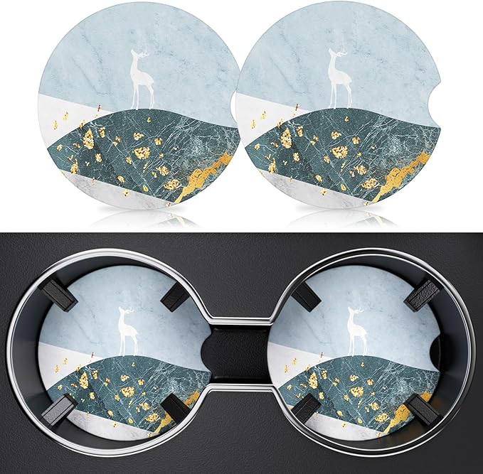 2 Pack Car Cup Holder Coasters, 2.63 inch Anti Slip Insert Absorbent Ceramic Coasters with Cork Base and Finger Notch, Cute Car Accessories for Women