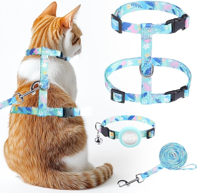 KOOLTAIL Cat Harness and Leash Set Escape Proof with Cat Airtag Holder Collars (3 in 1), Comfortable Lightweight Adjustable Kitten Harness for Small Medium Large Cats Safe Walking & Travel, Green