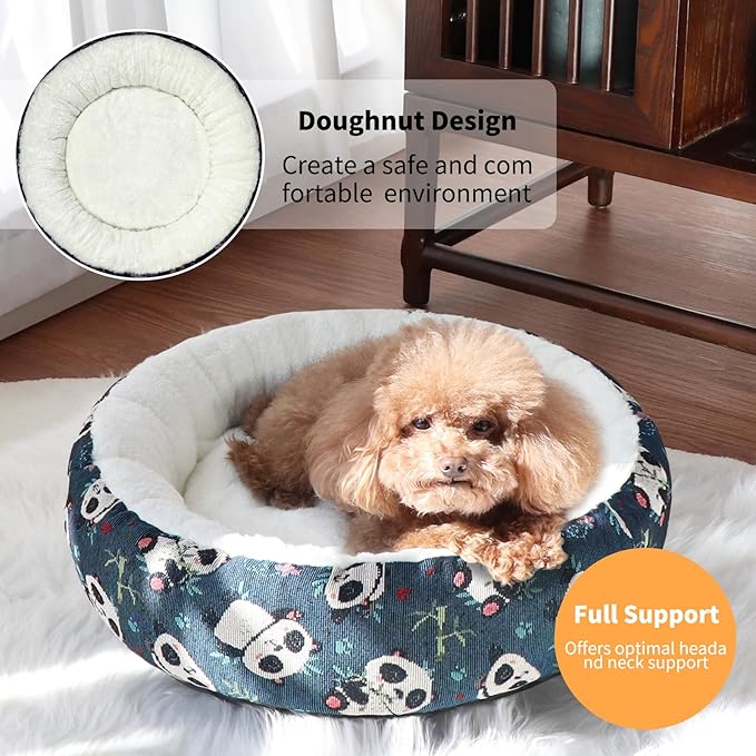 Circular Calming Dog & Cat Bed Anti-Anxiety Plush Dog Bed Washable Pet Bed with Anti Slip Backing Donut Cuddler with Cute Jacquard Patterns for Cat and Small Puppy 20" (X-Small, Panda)