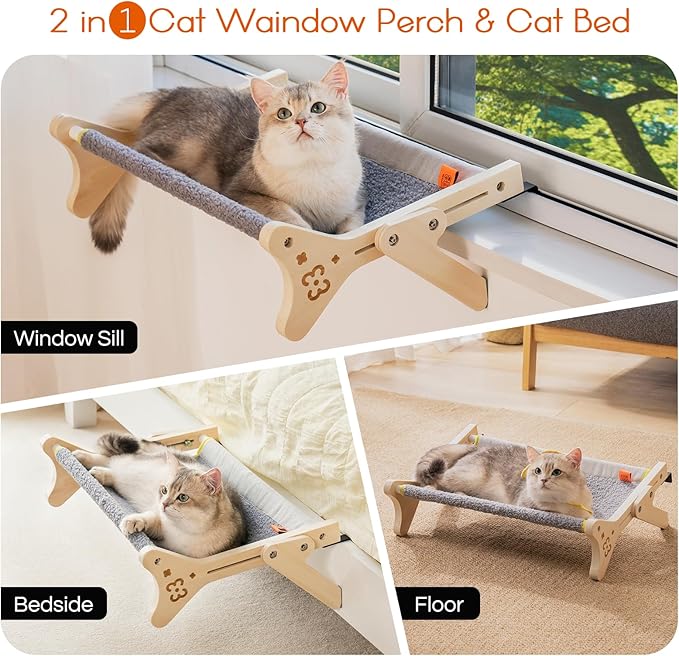 Cat Window Perch Cat Window Hammock for Indoor Cats Steady Sturdy Adjustable Cat Bed Providing All-Around Sunbath Space Saving Washable (Grey, Medium)