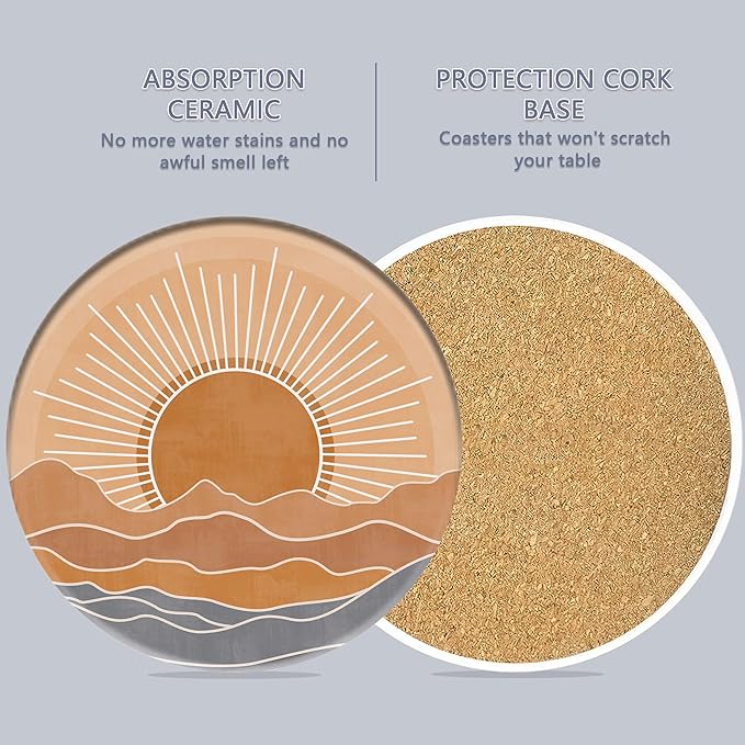 6 Pcs Coasters for Drinks with Holder, Boho Mountain Sun Absorbent Ceramic Coasters with Cork Base,Cute Funny Table Drinks Coasters Tabletop Protection Mat,Table Home Decor,4 Inches