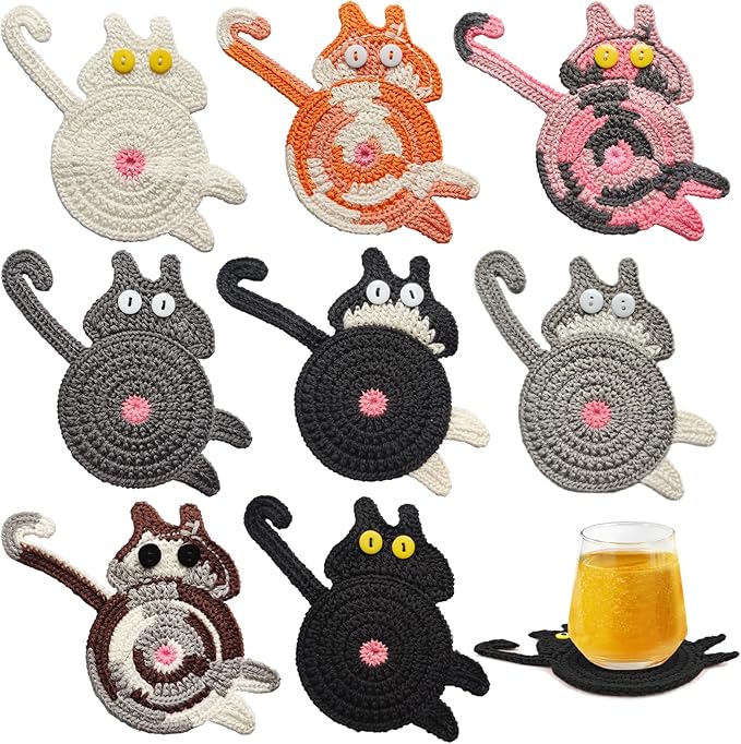 8Pcs Drink Coasters Cute Cat Design Coaster Funny Crochet Mug Coaster, Absorbent Hand Woven Drink Mat for Decoration, Lovers Gifts for Women Drink Cup Non-Slip Heat-Resistant (8Pcs)