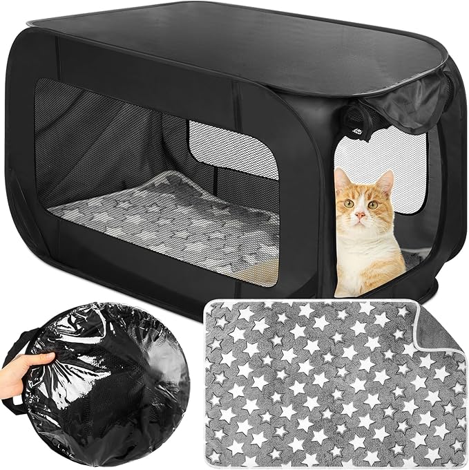 37 Inch Portable Cat Dog Crate with Mat Liner Pop up Dog Kennel Pet Tent Car Seat Travel Kennel Bed for Indoor Outdoor Waterproof Pet Crate Cage for Large Cat Medium Puppy Camping(Black)