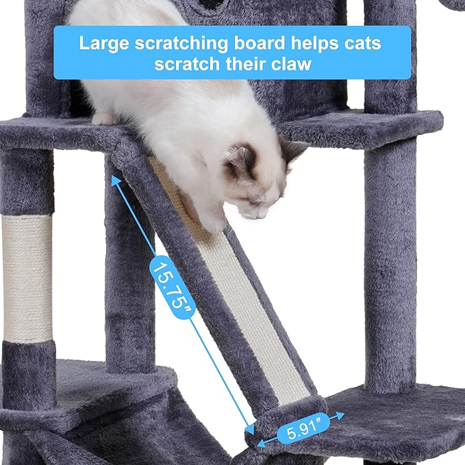 Hey-brother Cat Tree Tower, 57" Cat Tower with Scratching Posts, Multi-Level with hammocks, Toys, cat condo and Scratching Board, Smoky Gray MPJ028G