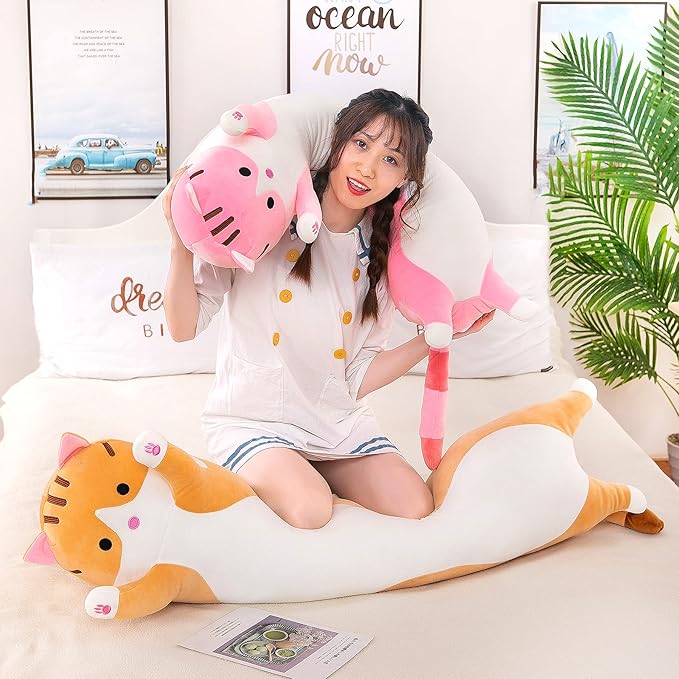 43.2in Plush Cat Soft Kids Plush Toy Pillow Plush Long Cotton Kitten Cuddly Toy Stuffed Animal Toy Gift for Kids Girlfriend(Pink,110cm/43.2in)