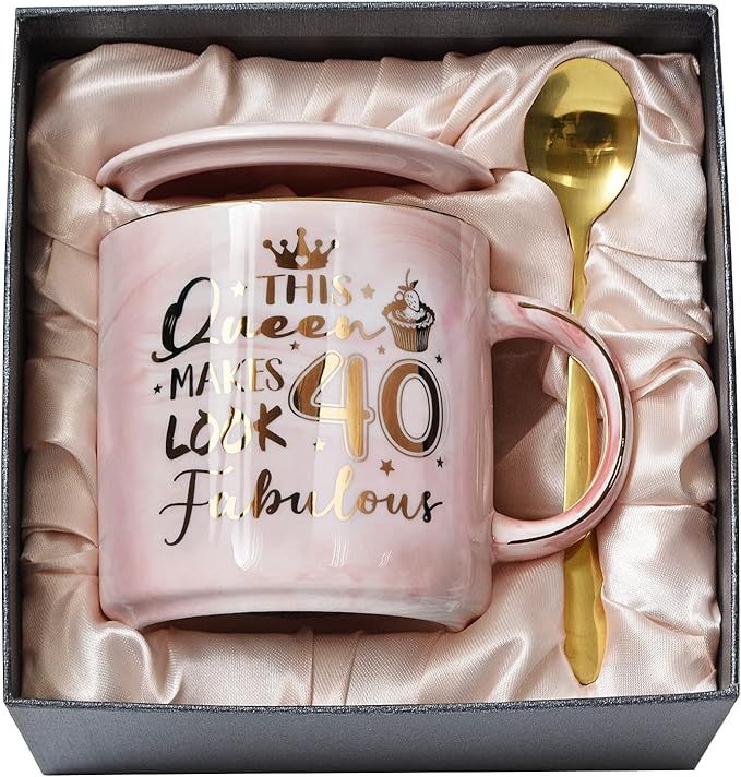 40th Birthday Gifts Women - 14oz Fabulous Pink Coffee Mug with Gold Pattern - Unique 40th Birthday Gift Ideas for Mom Sister Aunt Coworker Best Friend, Happy 40 Years Old birthday gifts, Gift Boxed.