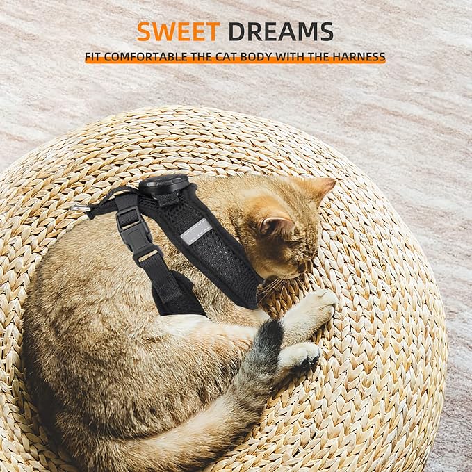 AirTag Cat Harness and Leash for Walking, Integrated Cat Vest with 100% Waterproof Air Tag Holder, Escape Proof Reflective Adjustable Vest Harnesses with Apple Air Tag Case for Cats, Kittens, Puppies