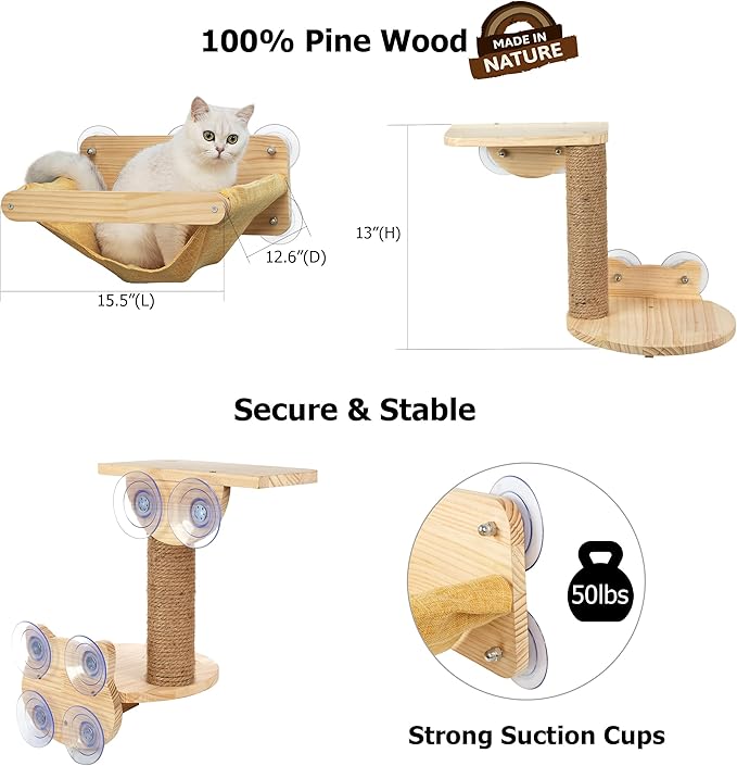 Cat Window Hammock Bed 4pcs/Set Cat Window Perch for Indoor Cats Seat with Two Shelves and One Scratching Post Sunction Cup Mounted