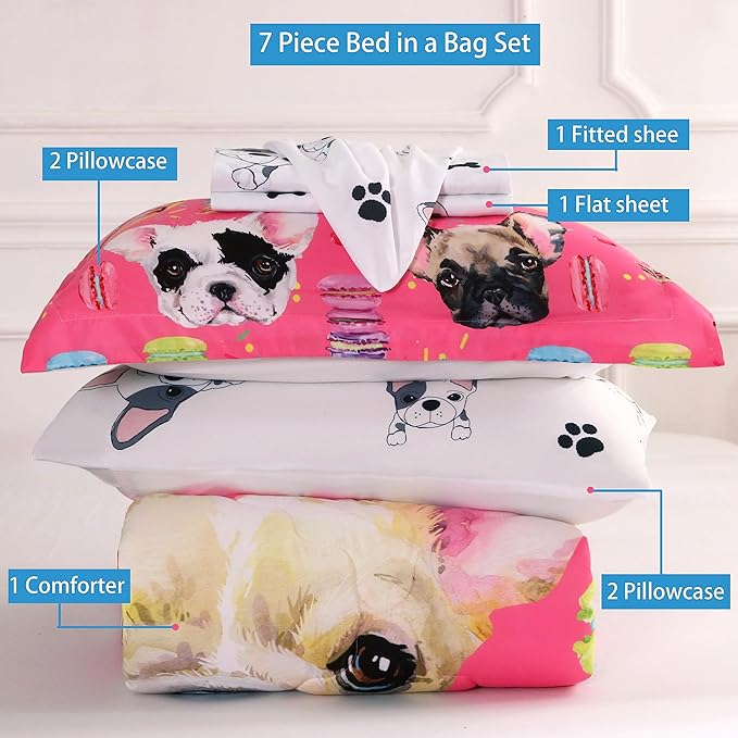 7 Piece Dog Comforter Set Full Size for Kids Cute 3D French Bulldog Dogs Bedding Bed in A Bag for Teens Boys Girls All Season Watercolor Pink Animal Themed Comforter