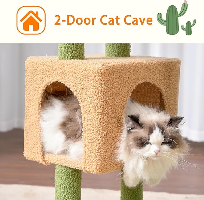 Heybly Cat Tree, 39.4 Inches Cactus Tower Condo with Scratching Post, Cat Tower for Indoor Cats, Fully Wrapped Sisal Pole, Soft Platform, 2 Baskets and Dangling Toy, Green and Yellow HCT006SGY