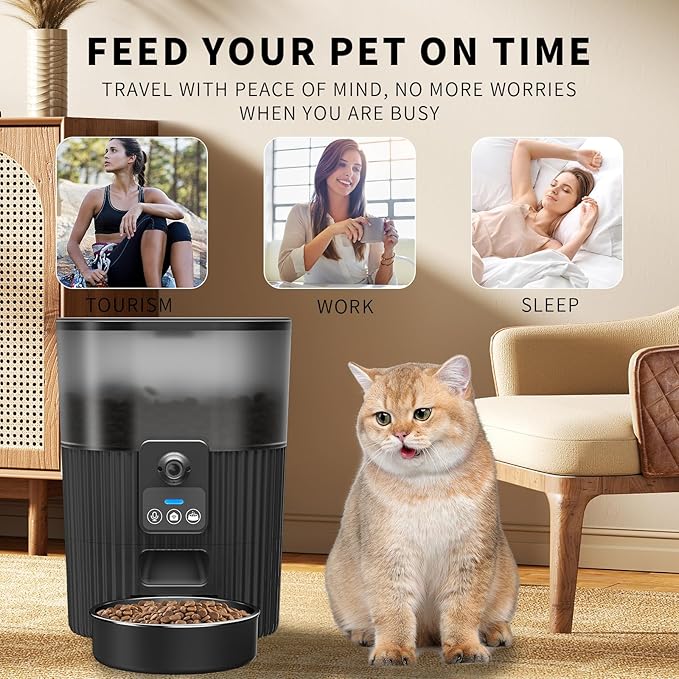 Automatic Cat Feeders with Camera, 5G WiFi Cat Feeder with 1080P HD Video Night Vision, Automatic Pet Feeders with 2-Way Audio, Motion & Sound Alerts, Voice & Video Record, Automatic Feeder with App