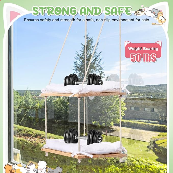 Cat Window Perch - Cat Window Hammock with Cushion Bed - Solid Wood Seat & Strong Suction Cups - Cat Window Bed & Furniture for Indoor - Hanging Window Shelf for Cats and Kittens(2-Layer)