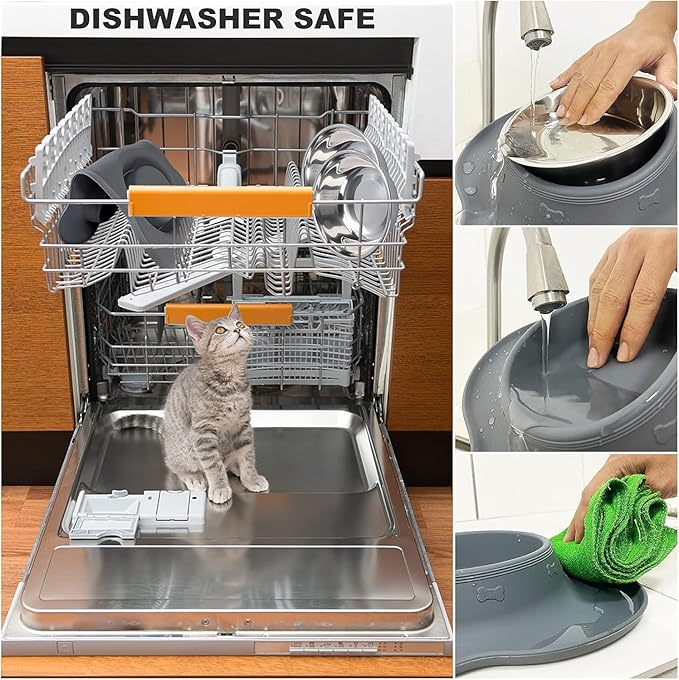 AsFrost Dog Food Bowls Stainless Steel Dog Food & Water Bowl Set with No Spill Non-Skid Silicone Mat, Dog Dishes Pet Feeding Bowls for Small Medium Large Sized Dogs Cat Puppy Food Bowl, Grey, 4 Cup