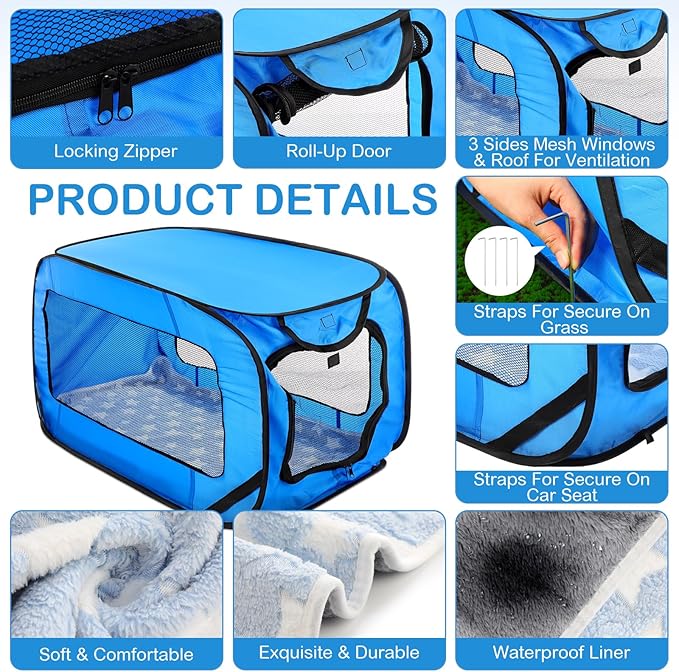 37 Inch Portable Cat Dog Crate with Mat Liner Pop up Dog Kennel Pet Tent Car Seat Travel Kennel Bed for Indoor Outdoor Waterproof Pet Crate Cage for Large Cat Medium Puppy Camping(Blue)