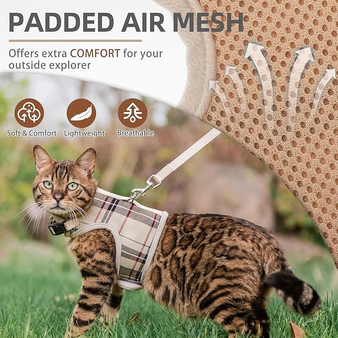 PUPTECK Soft Mesh Cat Vest Harness and Leash Set Puppy Padded Pet Harnesses Escape Proof for Cats Small Dogs Rabbits Bunny, Plaid Beige, S