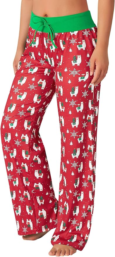 ALISISTER Christmas Womens Pajama Pants Casual Comfy Sleepwear Wide Leg Drawstring Bottoms