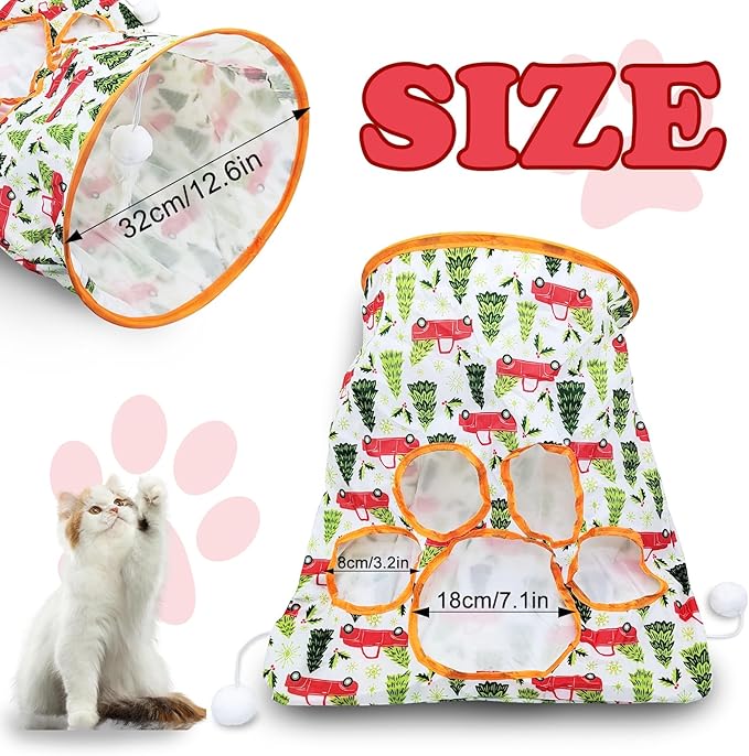 Andiker Cat Tunnel Bags for Indoor Cats, 13x17x12In Foldable Cat Crinkle Bag with 3 White Plush Balls and 1 Mouse 5 Holes for Kitten to Hide and Catch 3 Layers Cat Toy (Forest)