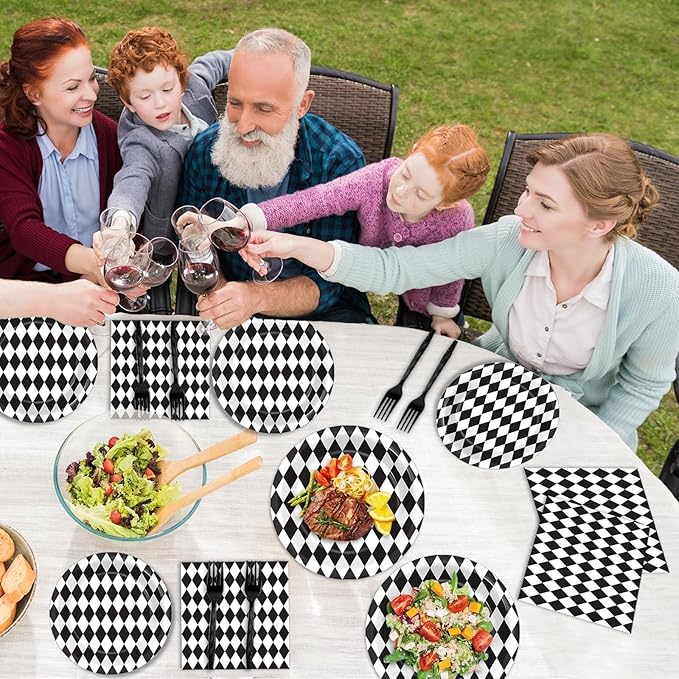 96Pcs Wonderland Party Supplies Black and White Checkered Party Plates and Napkins Race Car Party Disposable Tableware Decorations for Birthday Baby Shower Party Favors for 24 Guests