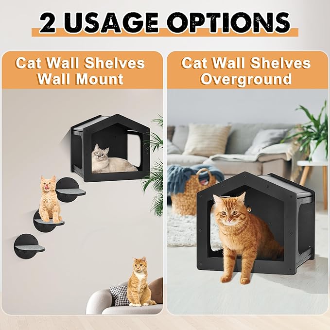 Cat Wall Shelves, Cat Shelves and Perches for Wall, Cat House Fit Cat Up to 25Lbs, 1 Cat Condo House and 3 Large Cat Steps with Scratching Pad, Cat Climbing Shelf for Indoor, Cat Wall Furniture