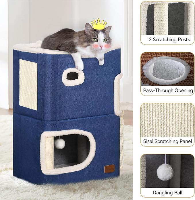 YITAHOME 2-Tier Cat House, Indoor Cat Cave Bed Playhouse, Cat Tunnels with Scratch Pad and Hideaway Cube, Cute Modern Cat Condo Furniture for Multi Small Cats, Extended (Blue)