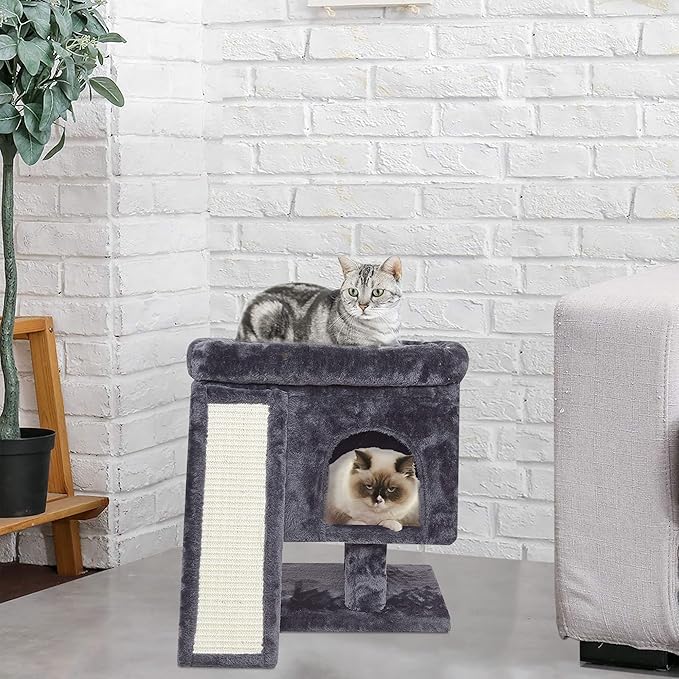 SYANDLVY Small Cat Tree for Indoor Cats Large Adult, Cat Tower with Scratching Post, Modern Cat House with Padded Perch, Kittens Condo with Board, Cat Cave (Smoky Grey)