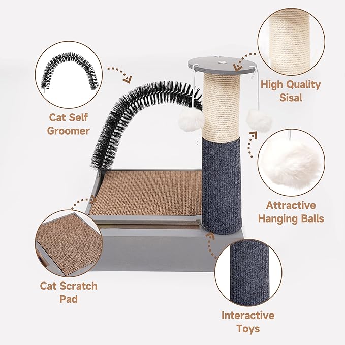 Pet Fur Grooming Cat Scratching Pads,Cats Self Groomer Massager Scratcher Toy Brush,Cat Scratching Pads with Wooden Tray (Gray)…