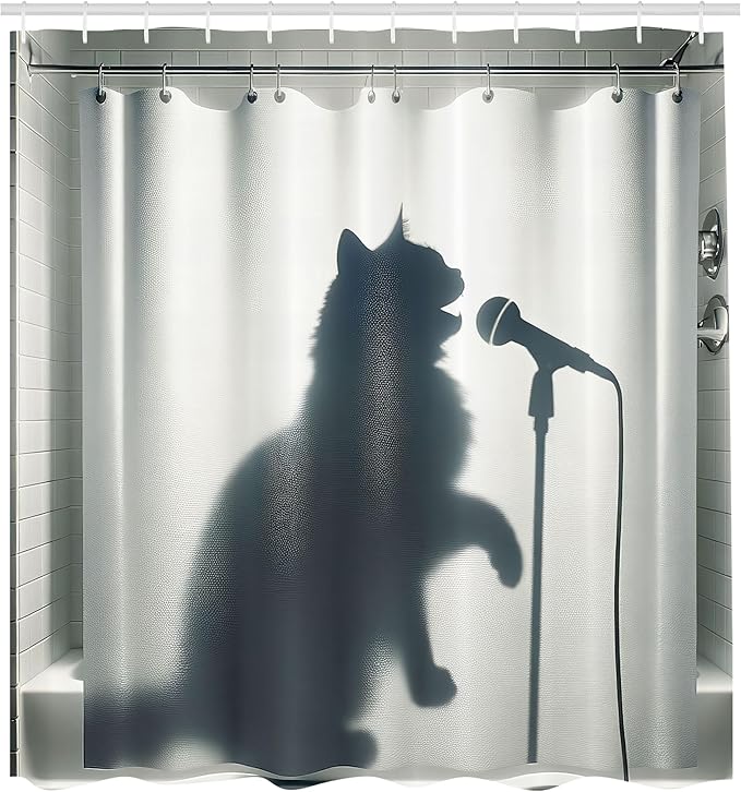 Ambesonne Cat Shower Curtain, Shadow of a Singing Kitty Funny Bath Time Musician Animal Humorous Joke, Cloth Fabric Bathroom Decor Set with Hooks, 69" W x 75" L, Dark Blue Grey Off White