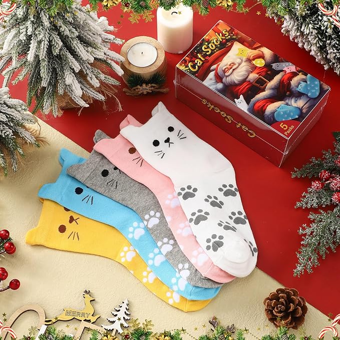 5 Pcs Women's Cat Socks Christmas Stocking Stuffers for Women Funny Christmas Gift Box White Elephant Gift Exchange Ideas for Teenage Girls Girlfriend Animal Lovers