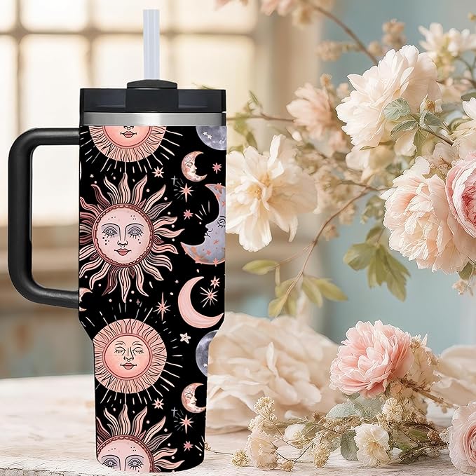 AMZUShome 40 OZ Goth Sun Moon Star Tumbler with Handle.Unique Birthday Christmas Gifts for Goth Lover.Personalized 40 OZ Goth Sun Moon Star Tumbler Gifts for Women Men.