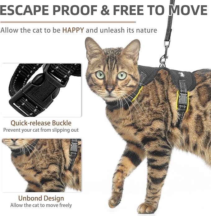 PUPTECK Cat Harness and Leash Set Escape Proof, Reflective Adjustable Soft Mesh Kitten Vest Harness for Walking Travel, Black, M