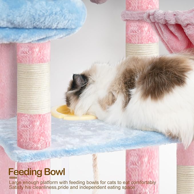 Heybly Tall Cat Tree,78 inch Multi-Level Cat Tower for Indoor Cats,2 Widened Plush Perches Cat Condo with Scratching Board and Big Caves,Blue and Pink HCT033BP