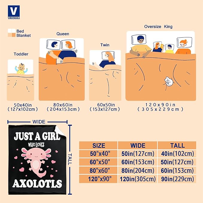 Axolotl Blanket Gift for Girls Teen Kids Lightweight Throws-Just A Girl Who Loves Axolotls Plush Cute Animals Fish Decor Quilt Kawaii Soft Flannel Blankets for Couch Bed Chair-60x80 Inches