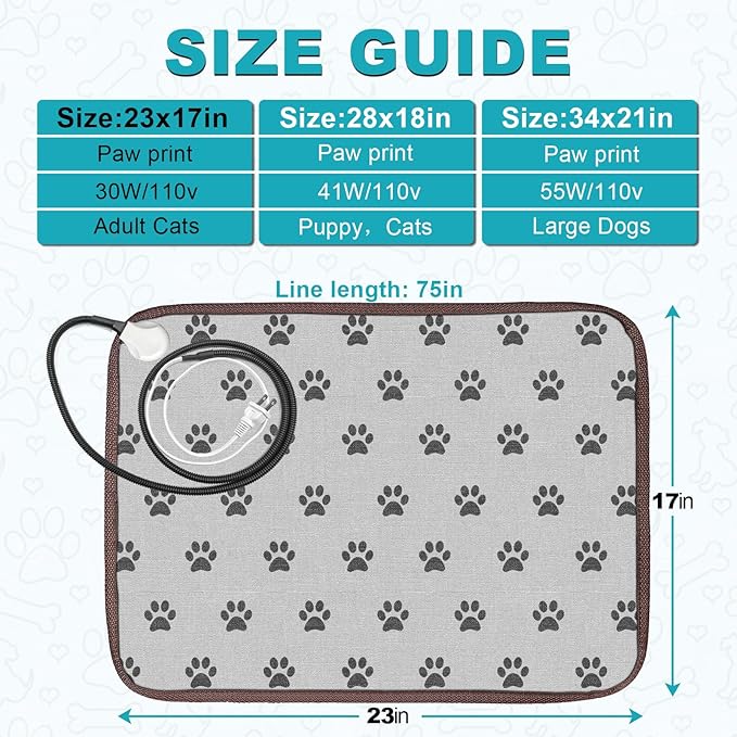 Cat Heating Pad, Heat Mat for Kittens, Heated Cat Bed, Waterproof, Cat Heating Pad Indoor, 23x17 in, Grey