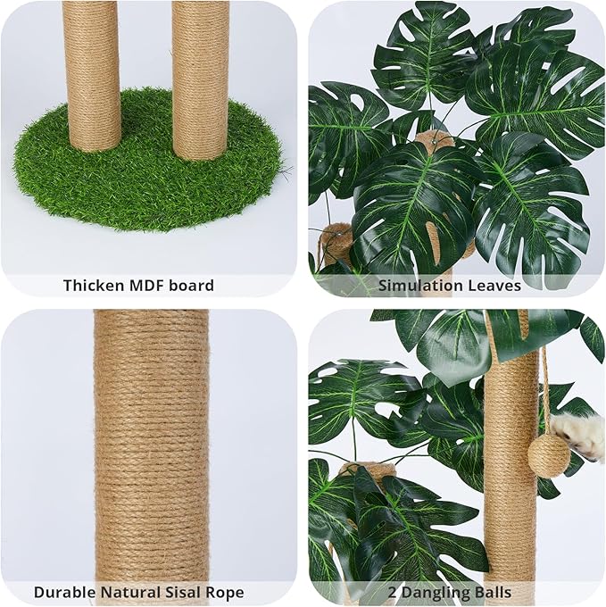 29.7inch Cat Scratching Post,Cat Scratcher Cat Tree with 2 Sisal Scratching Poles & 2 Interactive Dangling Balls,Cats Scratching Posts for Indoor Kitten & Adult Cats (2 Posts Monstera Tree)