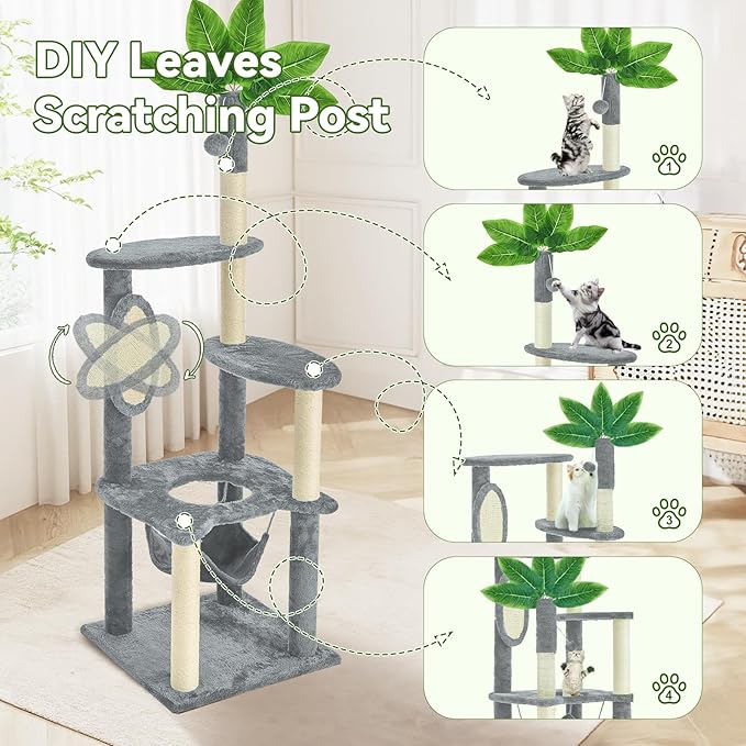 61" Large Cat Tree Tower for Indoor Cats with DIY Green Leaves Scratching Post Multi Soft Hang Ball Plush Cat House Furniture 360° Rotating Cat Scratch Board with Hammock, Grey
