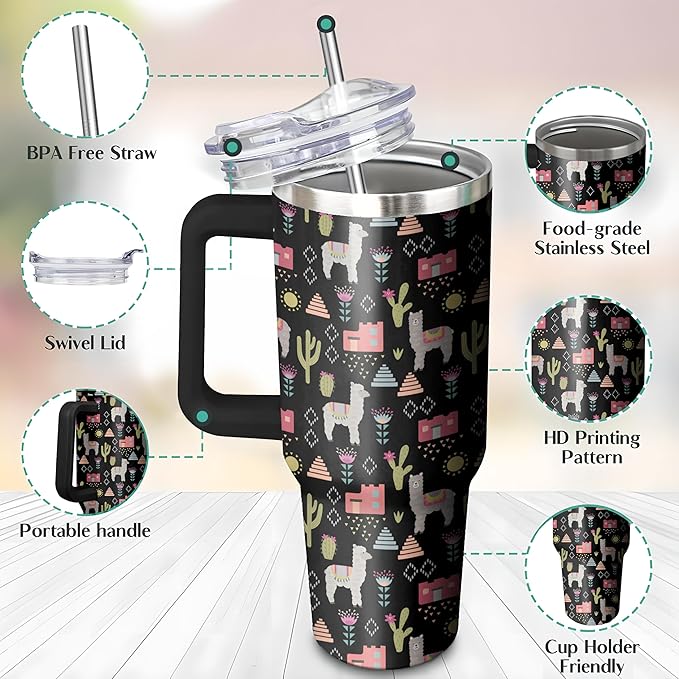 40 Oz Llama Tumbler with Handle and Straw, Double Wall Stainless Steel Llama Cup, Alpaca Mug Insulated Llama Coffee Mug, 40 Oz Llama Mugs with Handle and Straw for Women Gifts